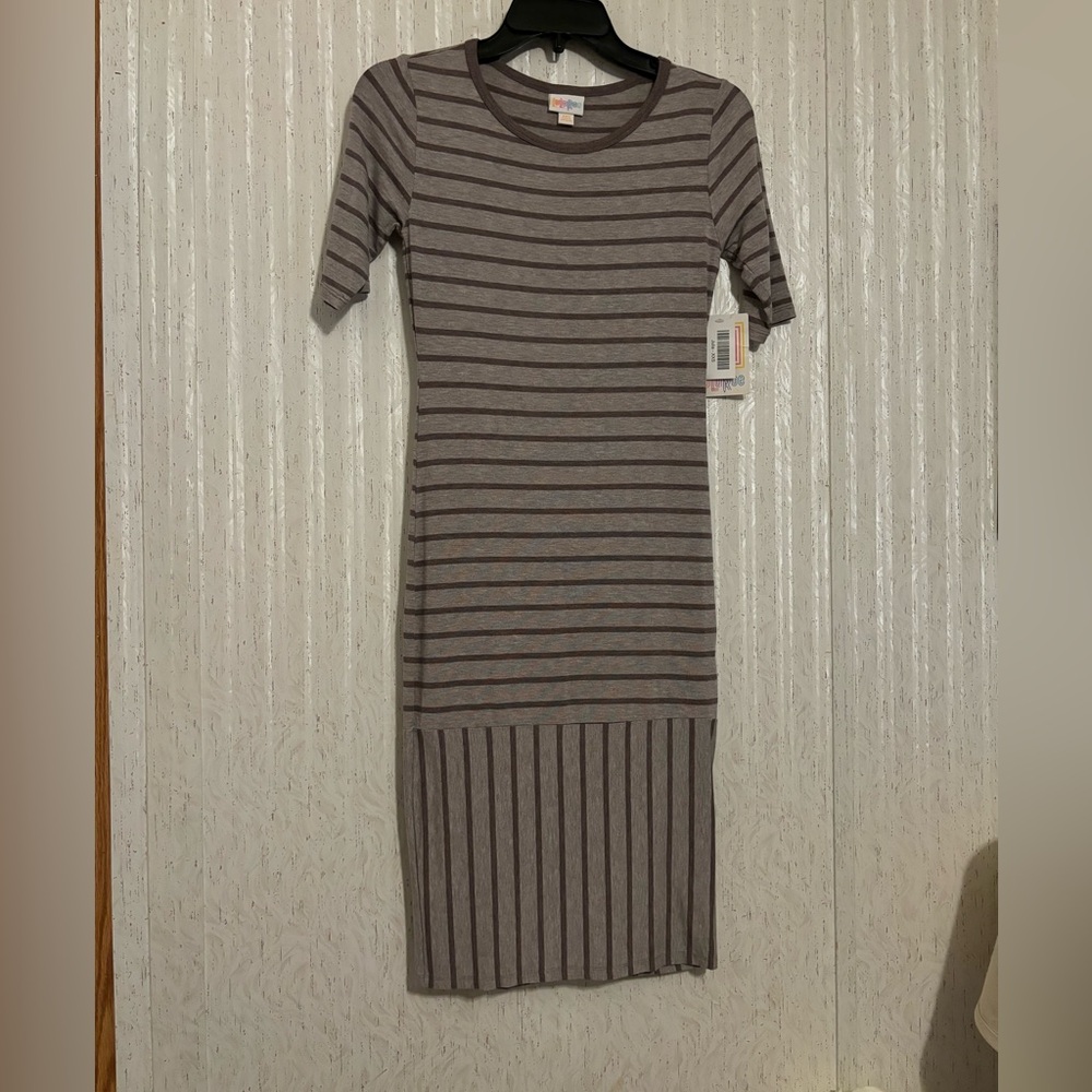 LuLaRoe Gray and Black Striped Midi Dress